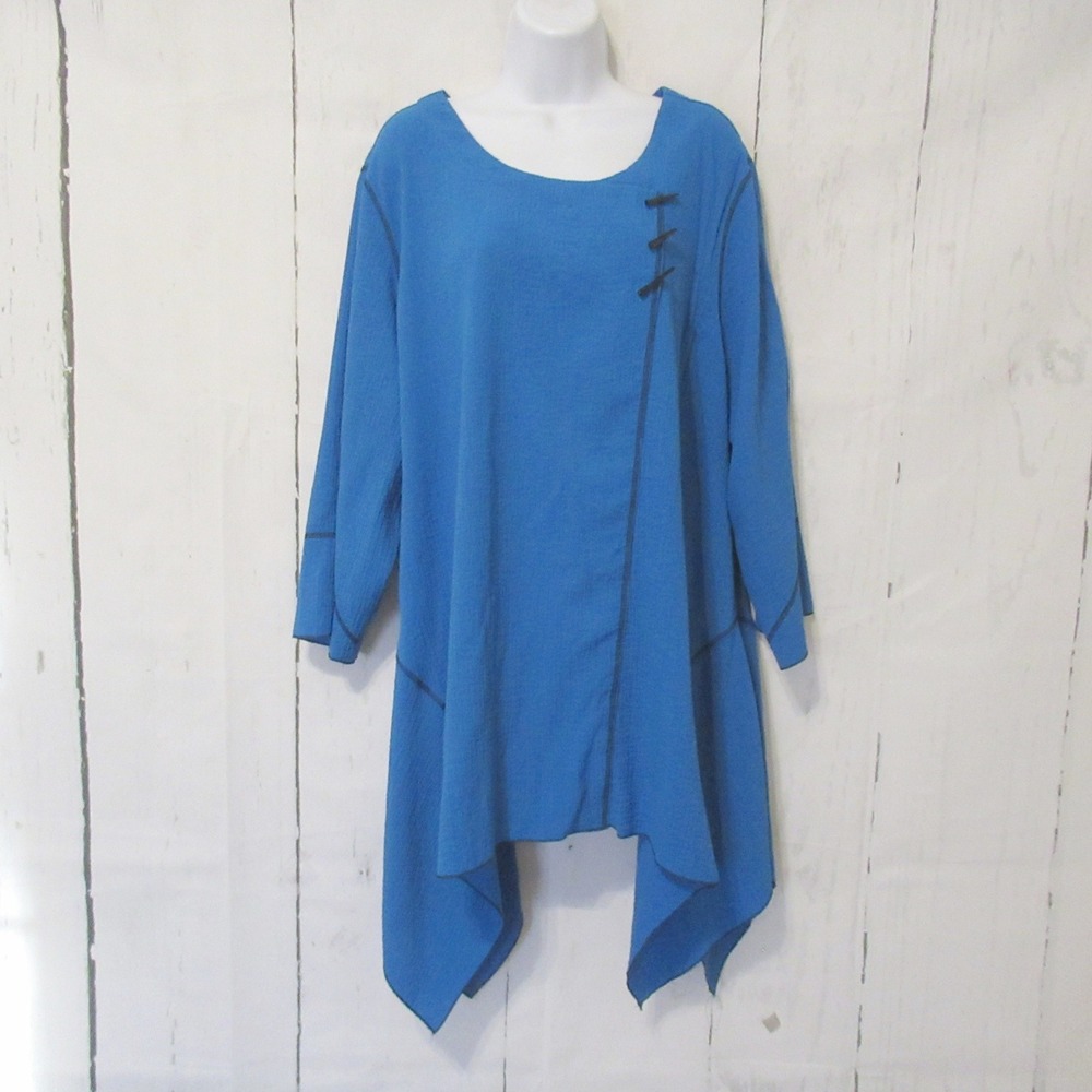 Ali Miles Tunic Top 2X Blue Lagenlook Asian Artsy Asymmetric Hem Plus Size